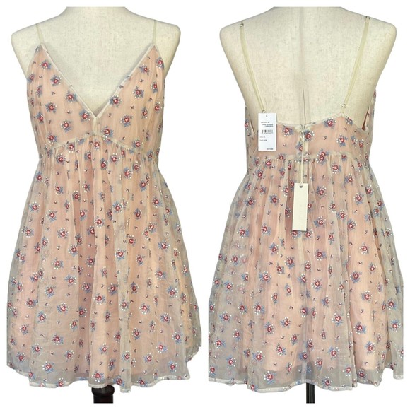 Capulet Dresses & Skirts - Capulet Revolve Babydoll Mini Dress Women Size XL Sheer Rosebud Embroidery Pink